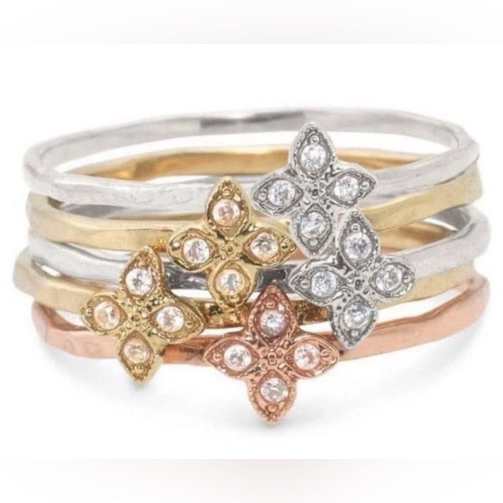 NIB Stackable Ring Set Size 7 Floral Silver Gold Rose Gold Rhinestone Fairy Boho